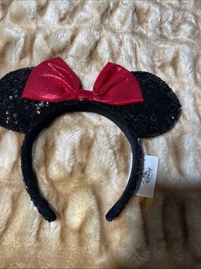 Disney Black Sequin Minnie Ear Headband with Shiny Red Bow